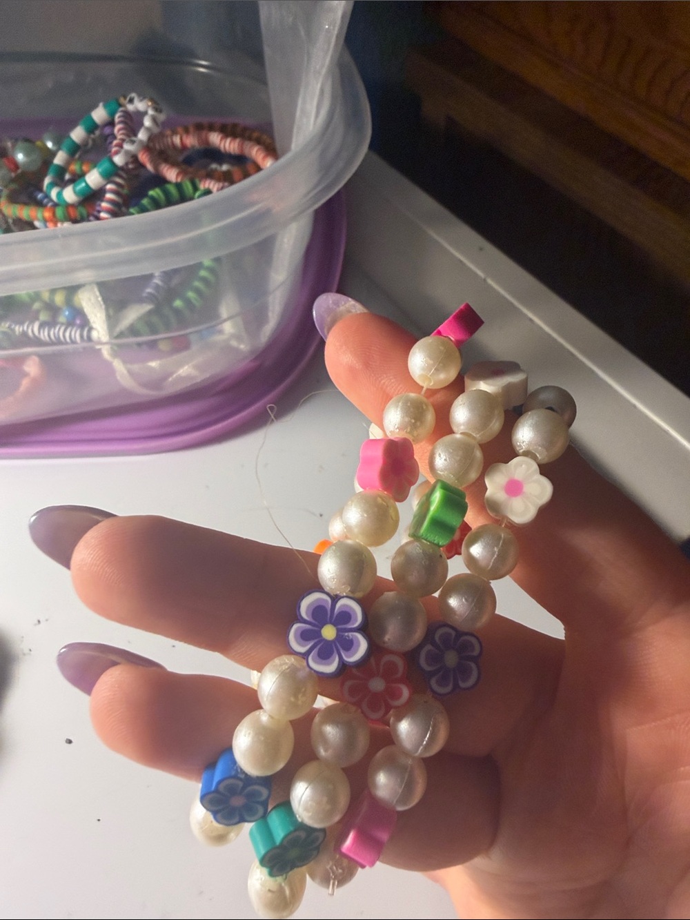 Kids Pearl Bead Flower Bracelet - Pink, Green, Purple